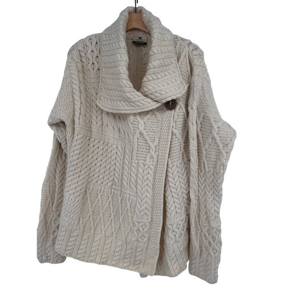 Carraigdonn Irish Merino Wool Cable Knit chunky Cardigan Sweater size XL Ivory - Picture 2 of 6
